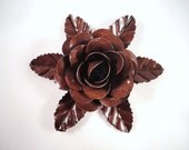 Large Size Decorative Metal Hand Cut and Hand Painted Rustic Chocolate Burnt Brown Rose Mounted on a Bed of Metal Leaves.