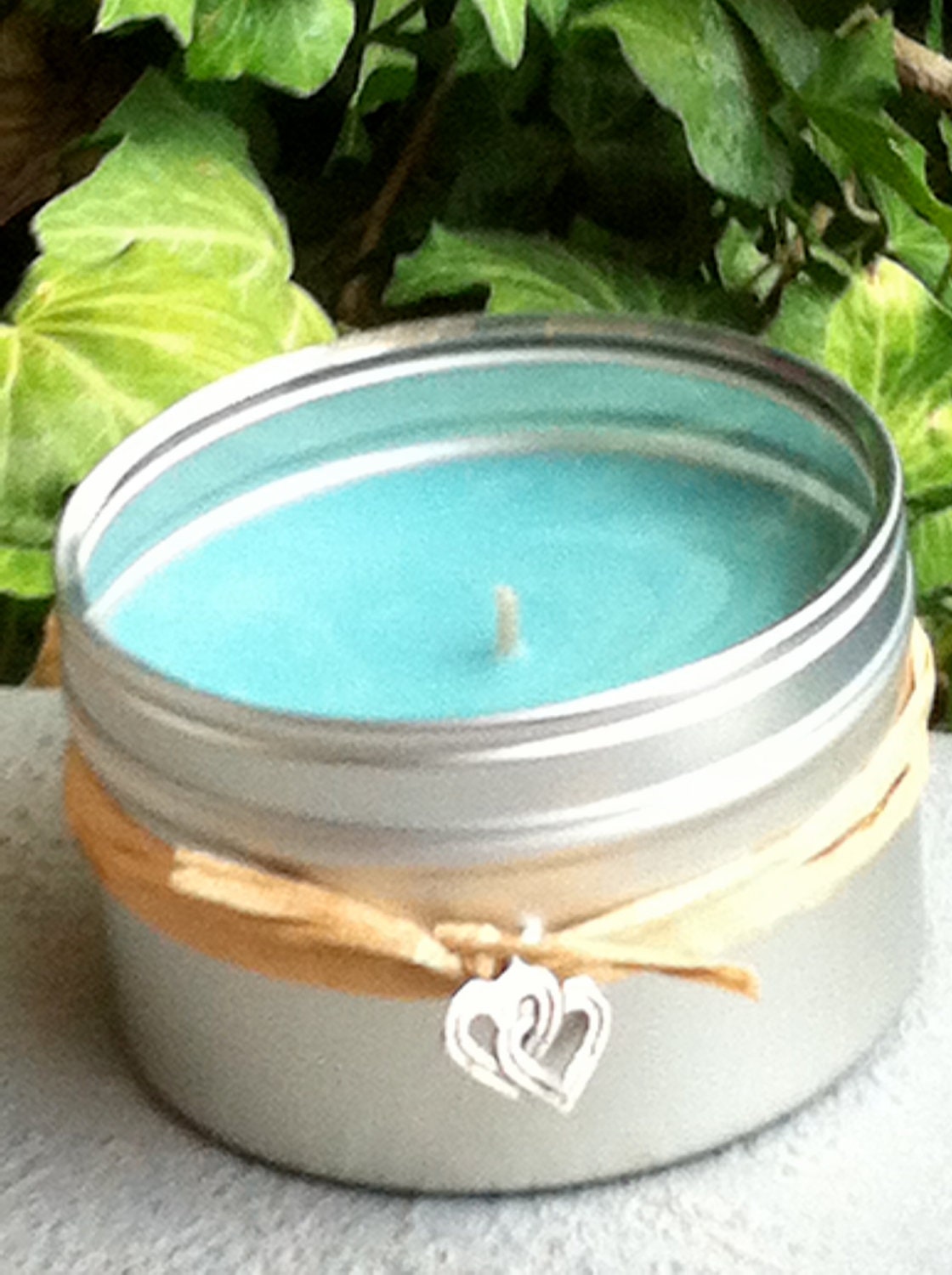 6 oz Metal Travel Tin Candle Jamaica me Crazy Aqua Soy Hand Poured with Clear Plastic Lid. Free Heart Charm.