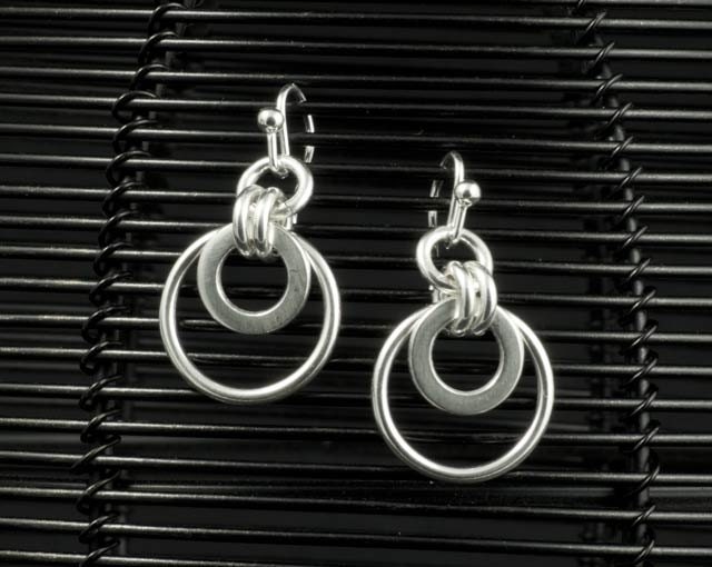 Silver Disc Drop Earrings - Sterling Silver Dangle Earrings - Circle Disc Drop Earrings - Hook Earrings - Ring Link Disc Dangle Drop
