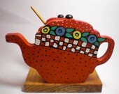 Red Retro Teapot Napkin Holder, hand painted Wood, Jam Jar