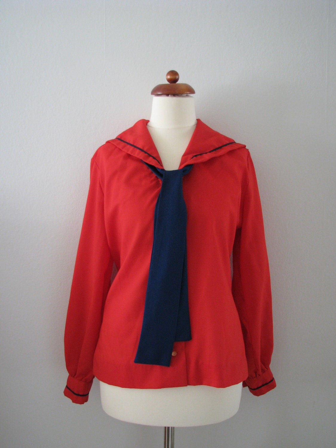70s Sailorette Blouse w/ Blue Ascot in Bright Red by Fritzi of California, S-M // Vintage Shirt