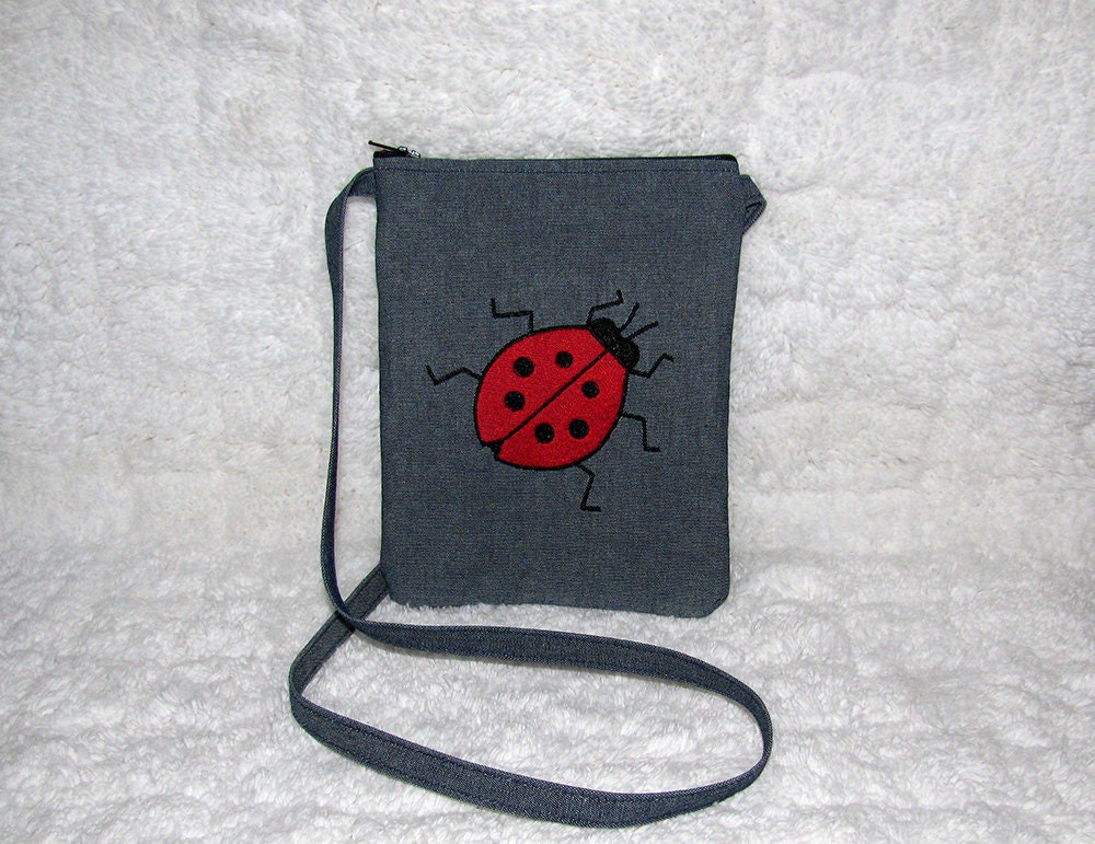 Denim Small Purse Embroidered Ladybug and Long Strap - Womens Shoulder Bag - Red, Black Embroidery
