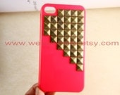 Studded Iphone Case, Iphone 4 Case, Bronze pyramid studs Pink case--- Apple iPhone Case 4, iPhone 4s Case, iPhone 4 Hard Case