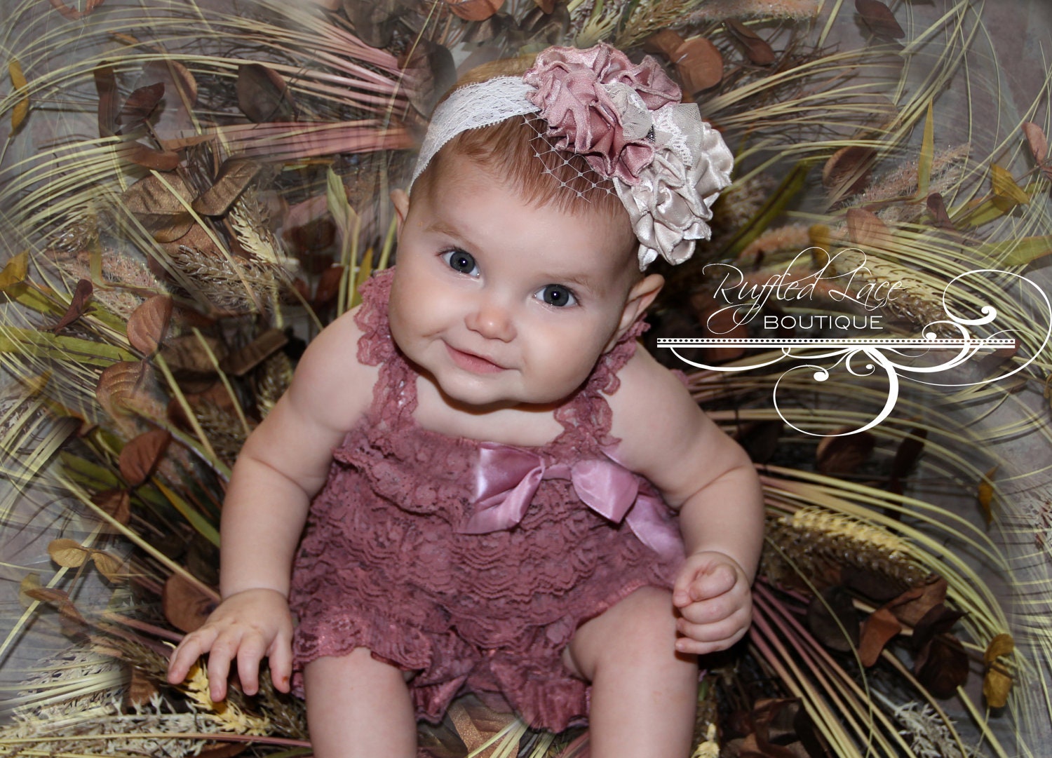 Headband AND Dusty Rose Ruffled Lace Petti Romper Set - Mix and Match Colors - Matching Shabby Chic Headband - Toddler, Baby, Girl, Child