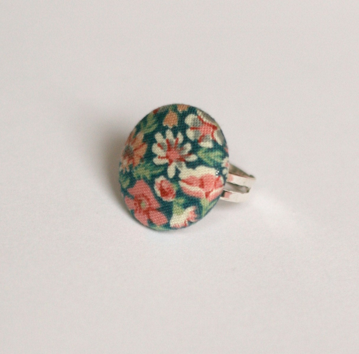 Pink & Green Floral Fabric Covered Button Ring