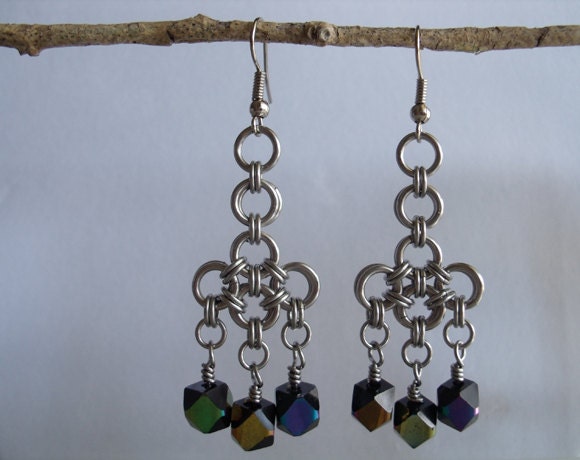 Fan Pattern Stainless Steel Chainmail Chandelier Earrings