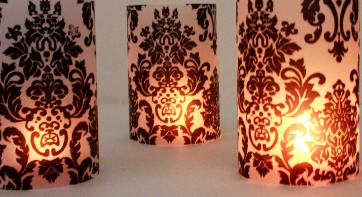 Short Damask Wedding Luminaries, Black & White Decor- Set of 10 - SweetSights