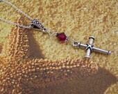 Antique Silver Cross Necklace, Ruby Swarovski Crystal Accent, Crucifix, Religious Necklace, Birthstone Crystals, Silver Cross
