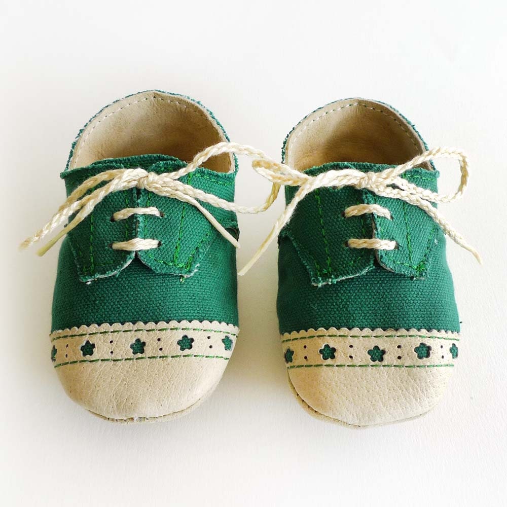 Baby Shoes Boy or Girl Green Canvas with Brogued Leather Crib Shoes