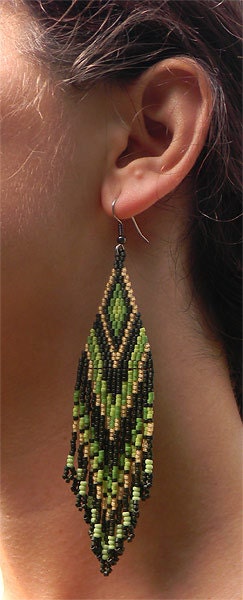 Long  Tribal / Boho Seed Bead Earrings in green and beige tones - peyote earrings, beaded jewelry