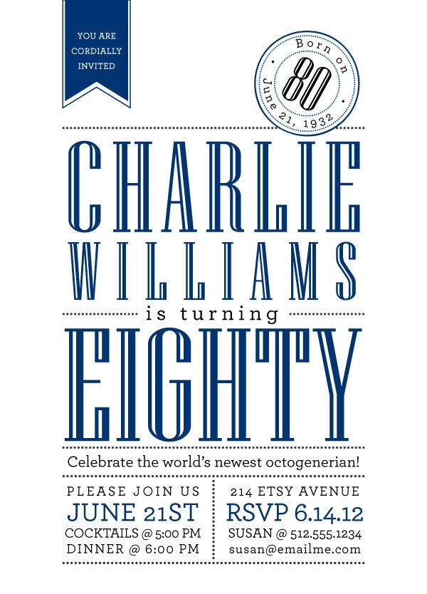 Milestone Birthday Invitations - Red, Navy, or CUSTOM color - Digital File or Print Deposit - 40th, 50th, 60th, 70th, 80th, 90th, etc.