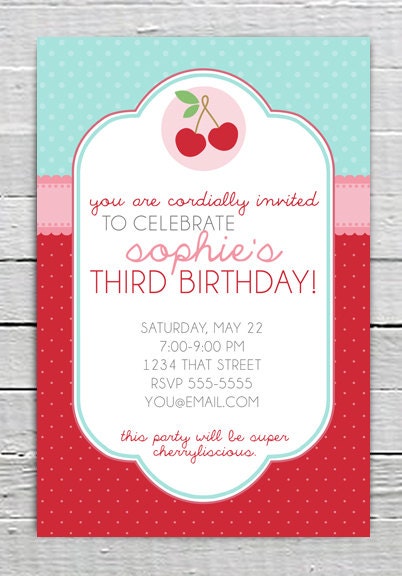 Cherry Theme Birthday Invitation Custom Printable, JPG Digital File, Cherry Birthday Party, Red and Blue, Polka dot