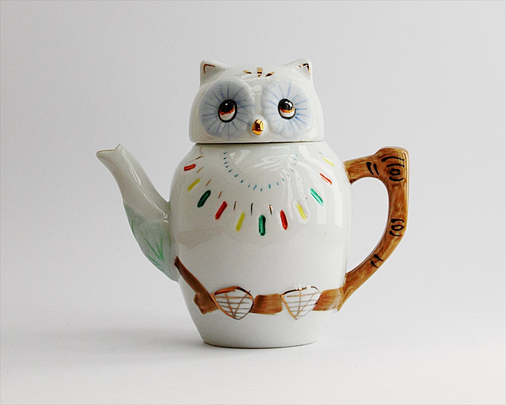 Vintage 1950s porcelain owl tea pot mid century modern ceramic retro individual owl teapot kitsch animal