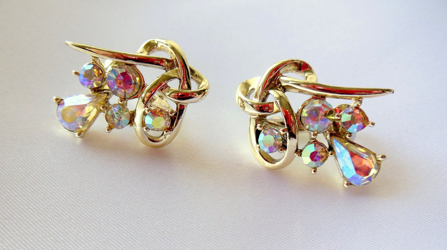 Vintage Coro Earrings Aurora Borealis Rhinestones Golden Hued Metals