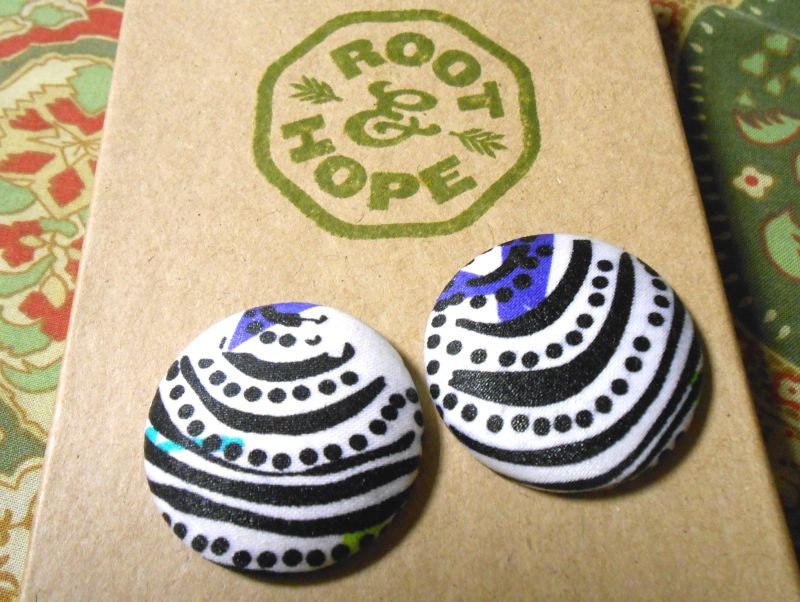Large Button Earrings - Abstract Blue, Black, White