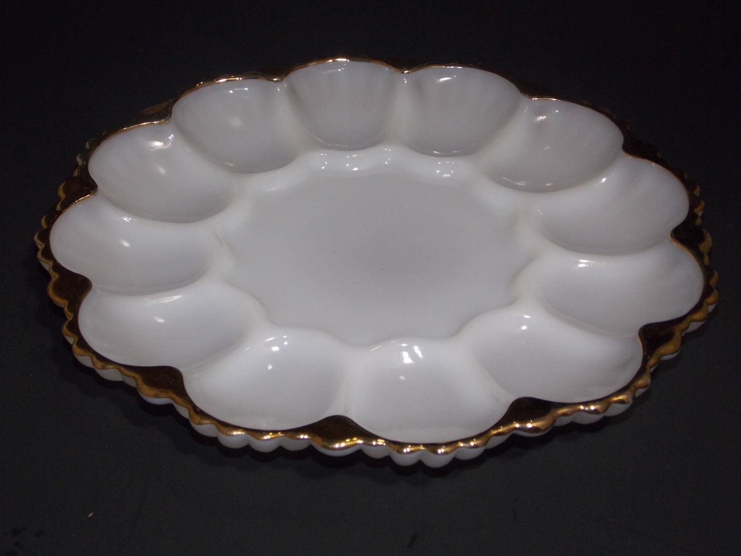 Vintage Milk Glass Egg Plate With Gold Trim by vintageindy on Etsy