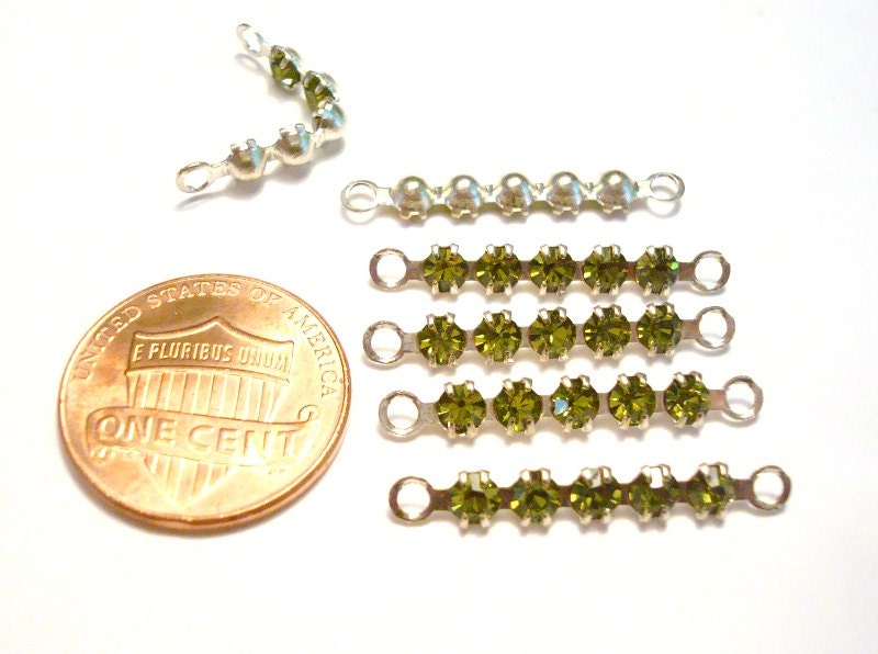 12 Vintage Swarovski Olivine Rhinestone Silver 25mm. Bendable 2-Loop Bars R30 - Free USA S&H