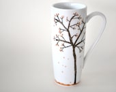 Recycled Mug: Golden Rain - Reclaimed White Mug Hand-Painted with Bare Trees and Falling Golden Leaves