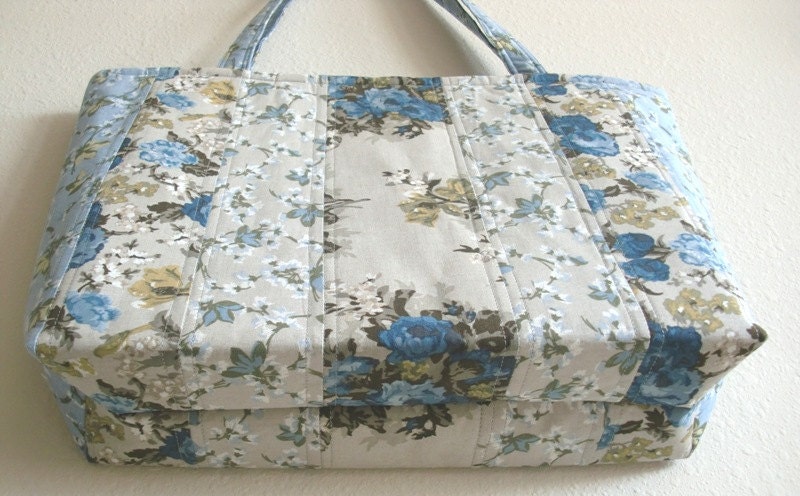 Large Quilted Tote Lecien of Japan grey and blue floral patchwork purse
