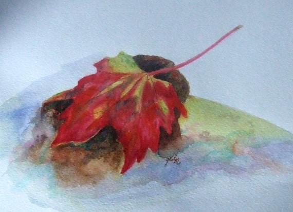 Leaf On A Rock Print of My Original Watercolor - Art Work - Fine Art - Illustration - GailsArtsAndCreation