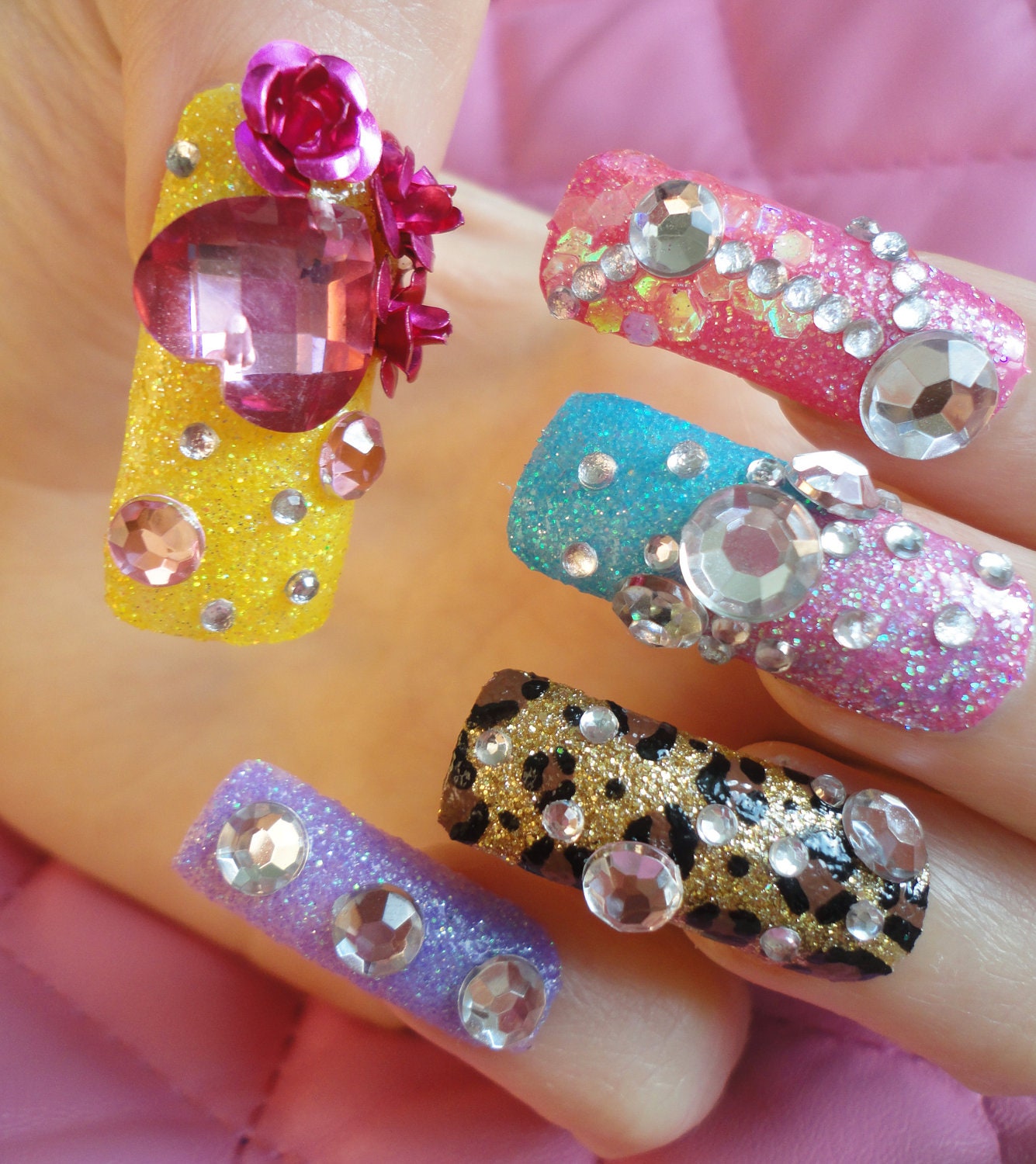 Colourful Leopard Pink Yellow Blue Purple Kawaii Deco Gyaru Nails