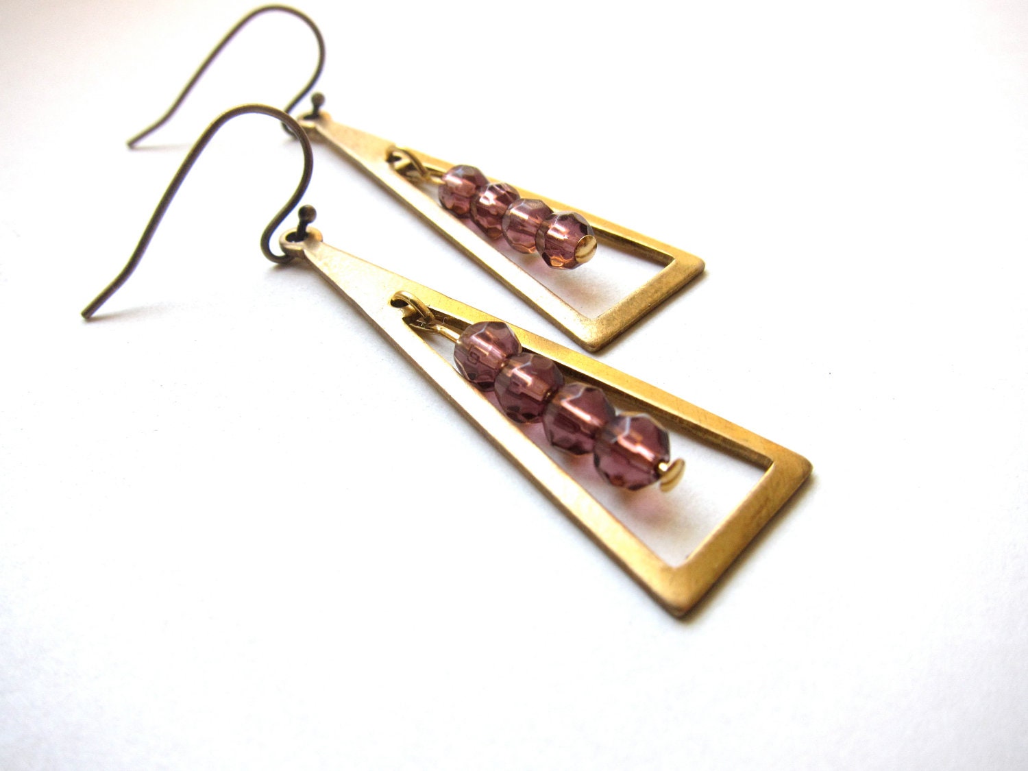 Vintage Brass Long Triangle with Amethyst Glass  Dangles    New for Fall Purple Art Deco Pyramid