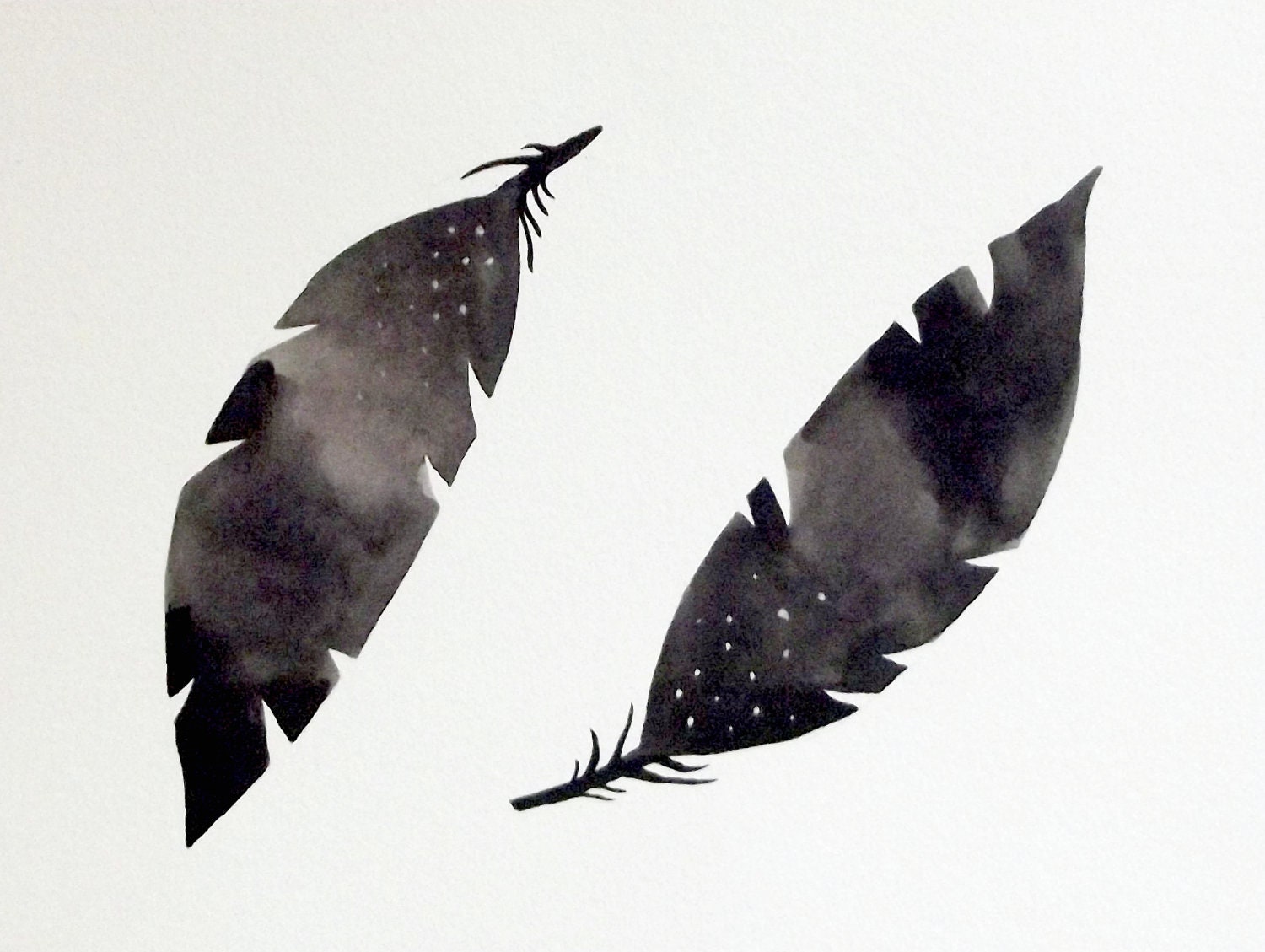 Watercolor Feather - Original Painting - Black - Gray - Affordable - GeometricInk