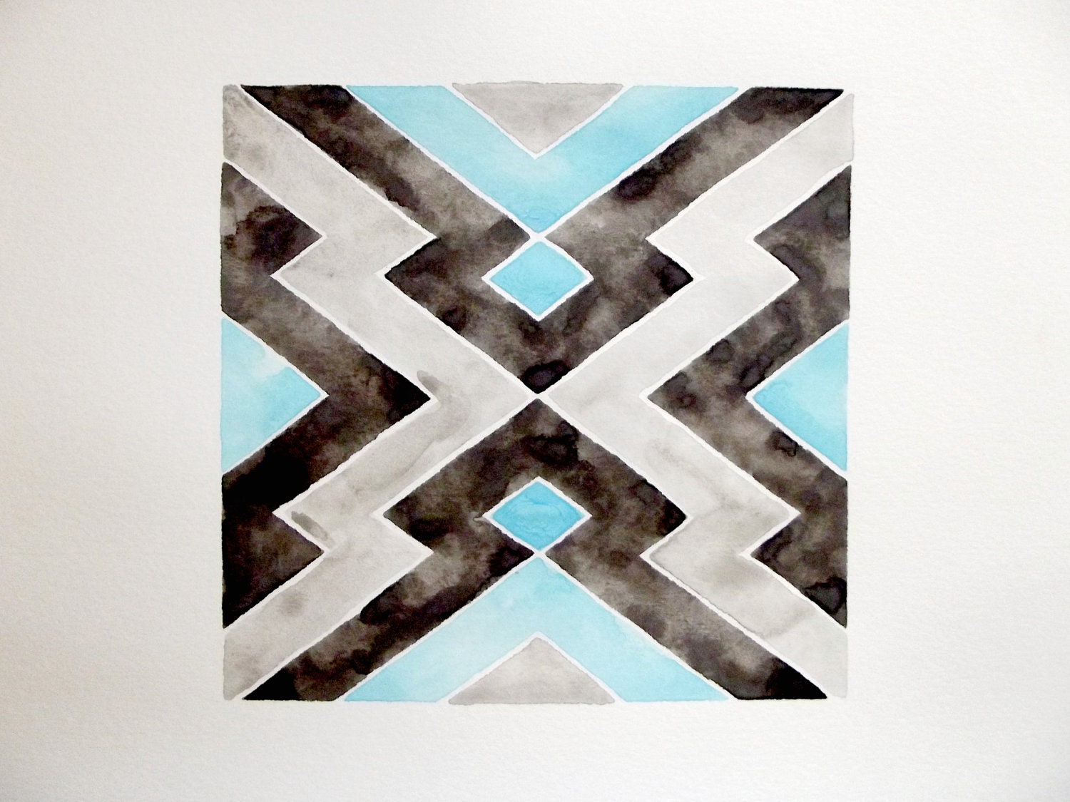 ORIGINAL WATERCOLOR - GEOMETRIC - Native American Pattern - Blue - Gray - Black - GeometricInk