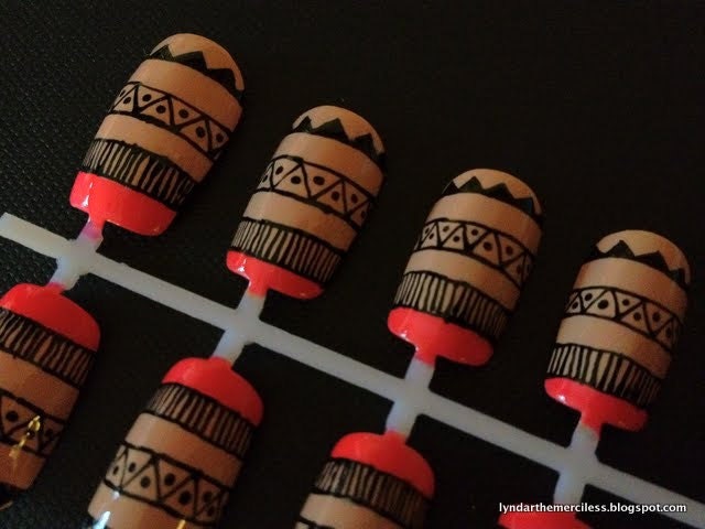 Nude & Neon Aztec / Tribal Handpainted Nail Art (20 nails)