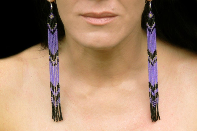 Extra Long Earrings. Beaded Shoulder Dusters Earrings. Black Yellow Purple Earrings. Beadwork