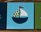 Sailboats, Nautical Set of 3 12x12 Acrylic on Canvas, Green, Navy, and Light Blue Stripes and Polka Dots -- Reserved
