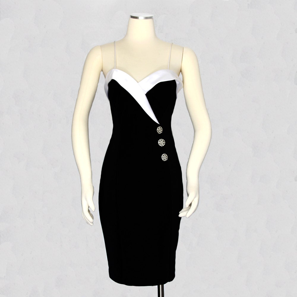 Vintage 1980s Betsy & Adam Evening Dress // Little Black Dress with Satin and Rhinestone Detail // Size Small S