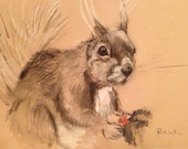 JANUARY SALE-  Folksy Squirrel holding Holly .