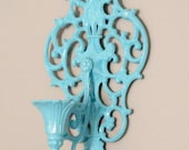 SALE Ornate Aqua Rococo Upclycled Brass Candle Wall Sconce