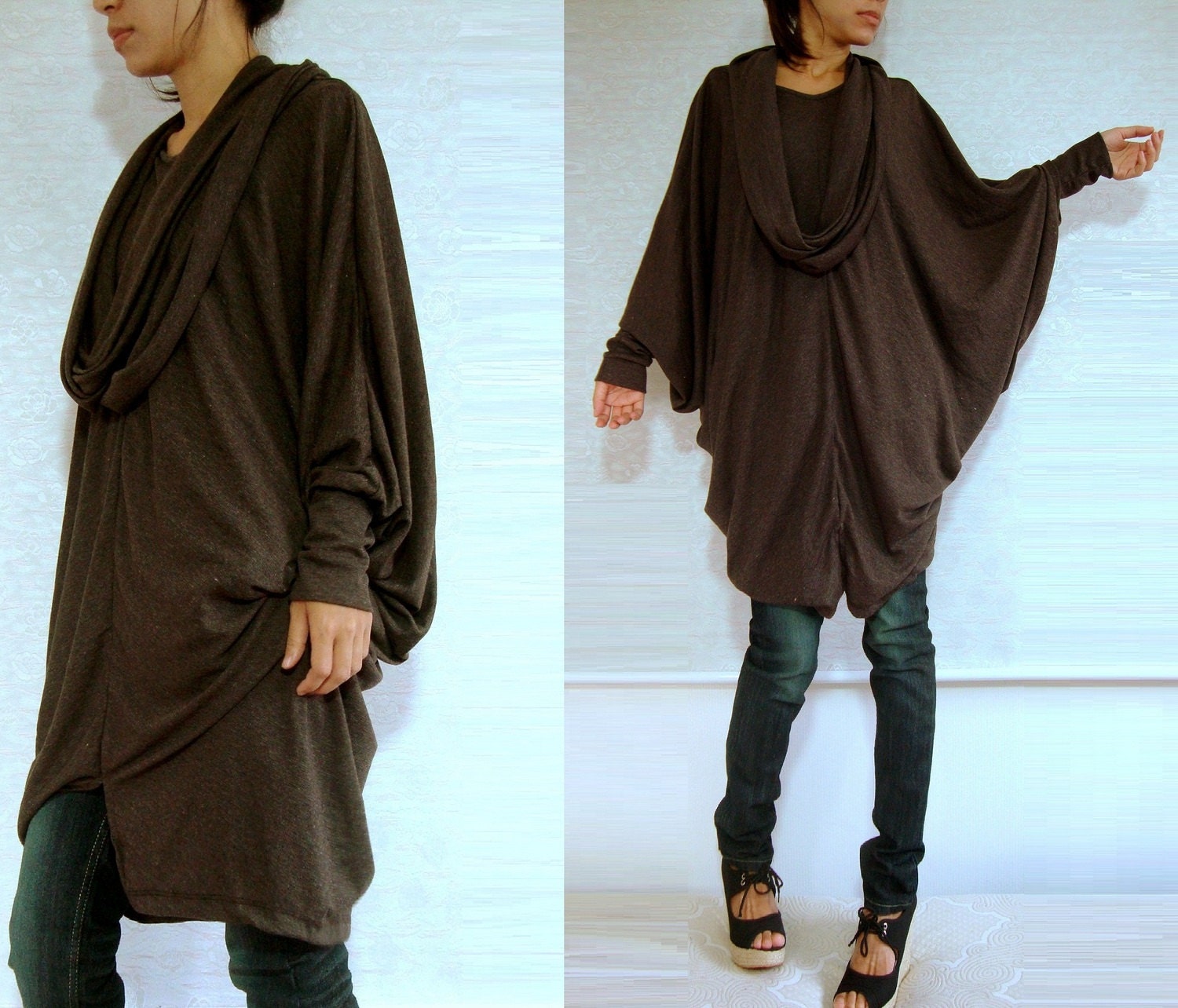 Boho Oversized Womens Brown Blouse / Brown Tunic / Oversized Tunic / Extra Large long sleeve Poncho tunic dress with scarf, Chocolate brown