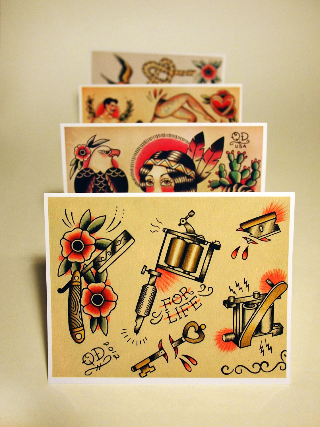 Traditional Tattoo Wall Flash Greeting Cards - Set of 4
