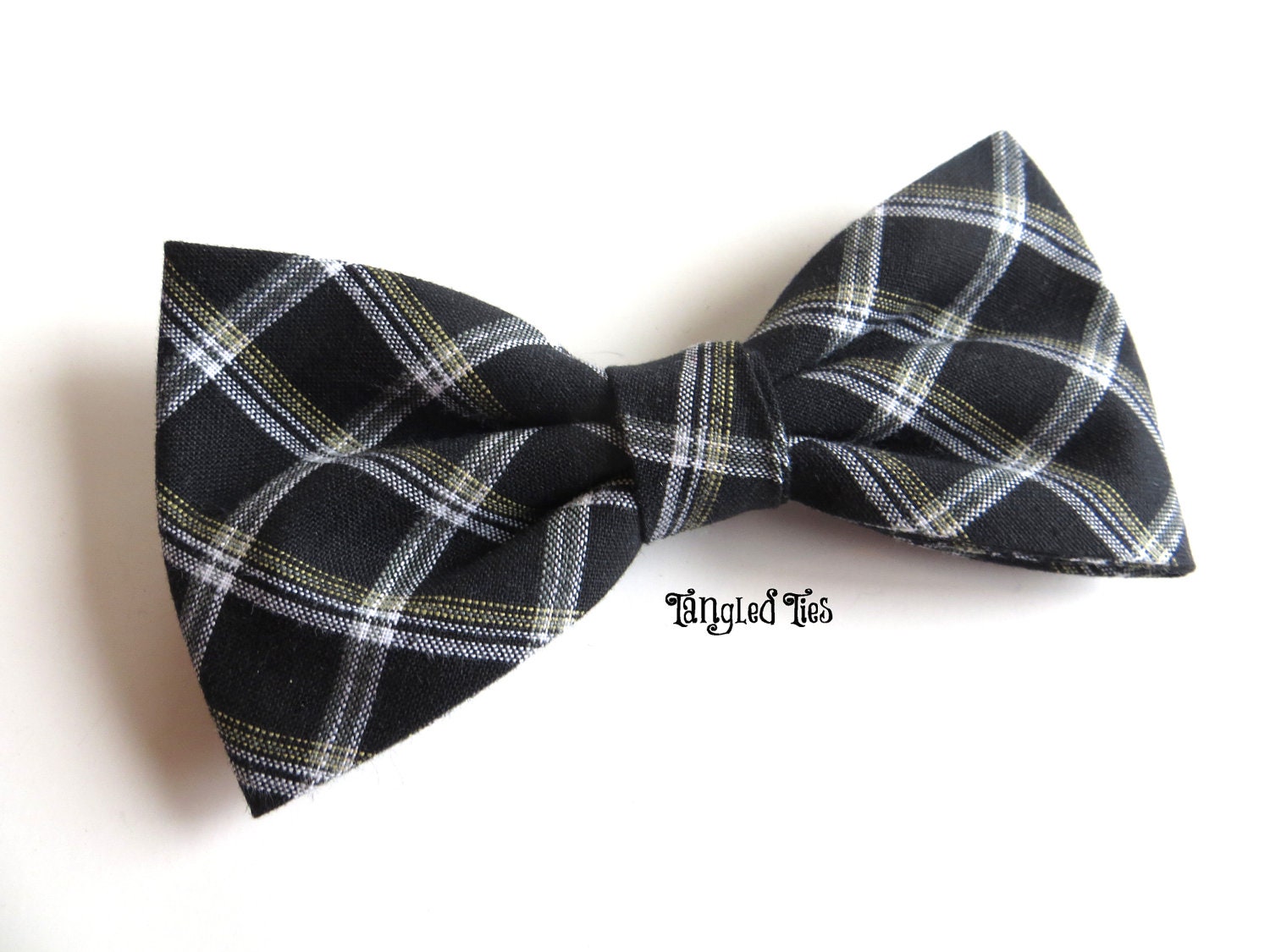 Men's Bow Tie, Olive, Black and White Plaid Tangled Ties Unique Bow Tie For Men, Boys, Girls, Women in 100% Cotton