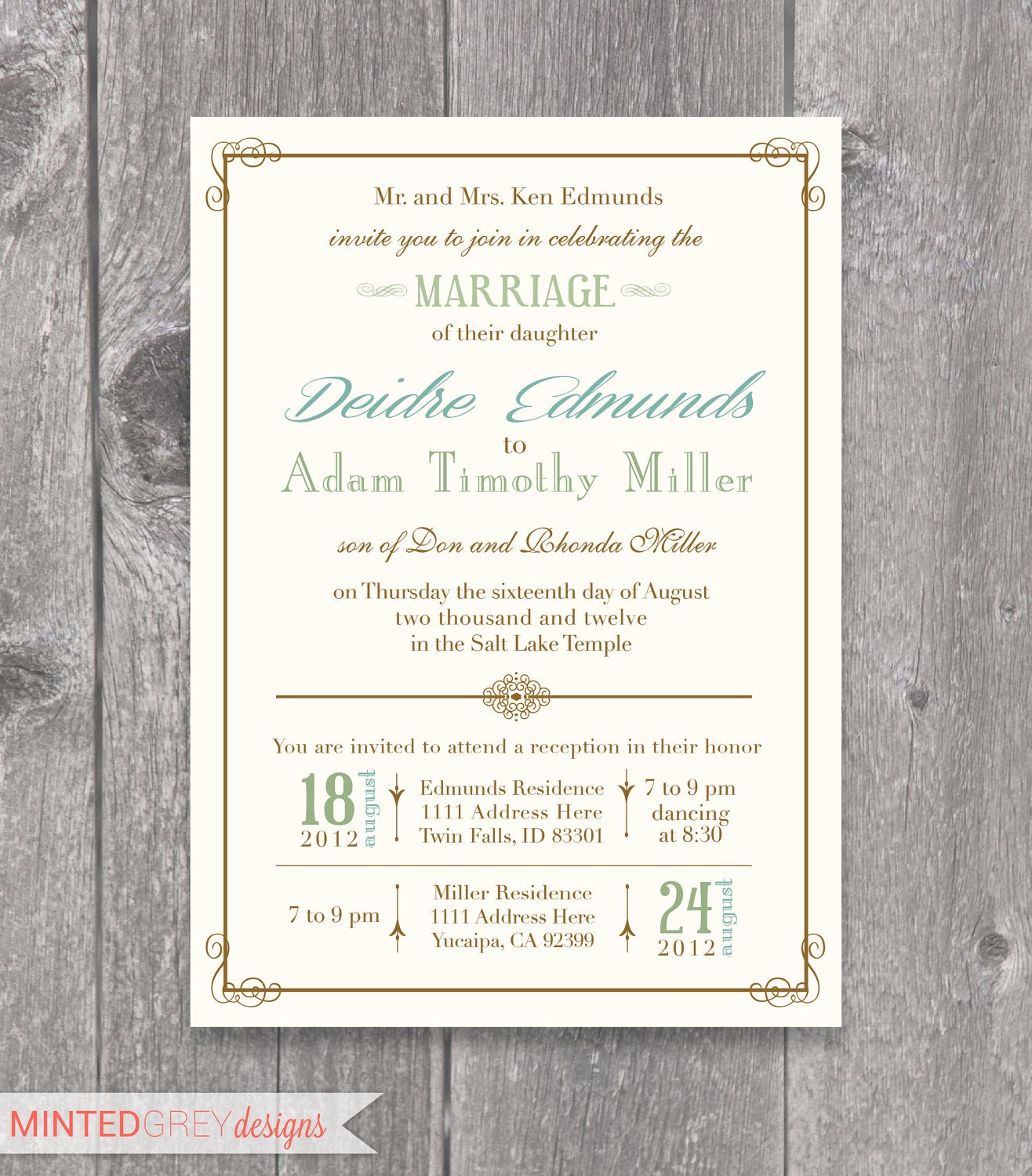 Printable Mint, Turquoise & Gold Wedding Invitation