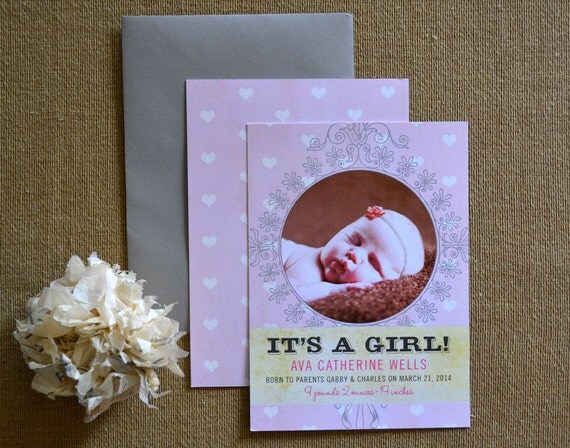 Vintage Girl Birth Announcement, Baby Announcement Il_570xn