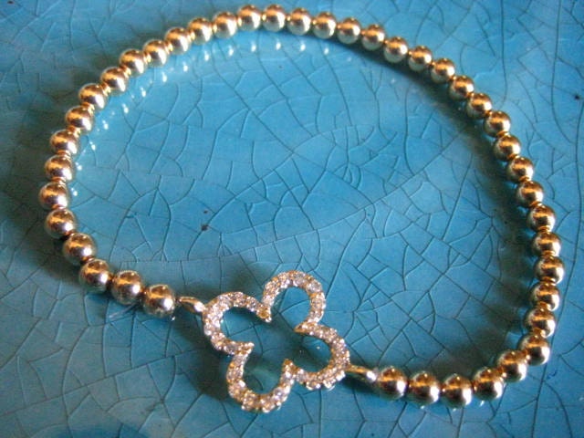 Celebrity Inspired 14K Gold Filled Beaded CZ Good Luck 4 Leaf Clover Stretch Bracelet