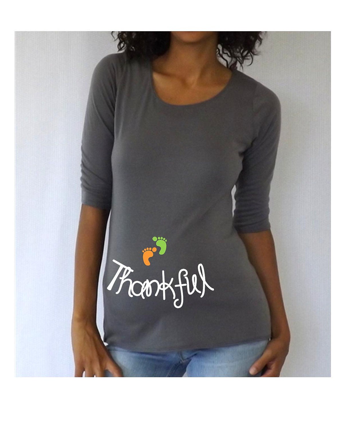 Gray  Thanksgiving Maternity Tshirt " Thankful"    3/4 sleeves Choose your Size S, M,L,XL