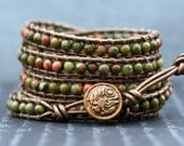 wrap bracelet- unakite on bronze leather- 5 wrap - green and pink
