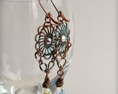 Steampunk Gothic Crystal Copper Filigree Patina Earrings/ Vapor