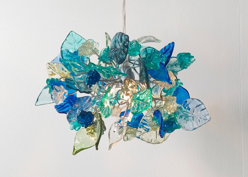 Ceiling lamp. Sea Blue shades of flowers and leaves.