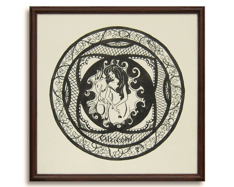 Capricorn Zodiac Sign Framed Original Pen And Ink Drawing 14" x 14" Illustration Fine art by Valiulina