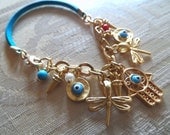 Hamsa Bracelet  with Evil Eye Charms  - Assorted Protective Good Luck Talisman Charm Bracelet on Leather Cord with Gold Chain