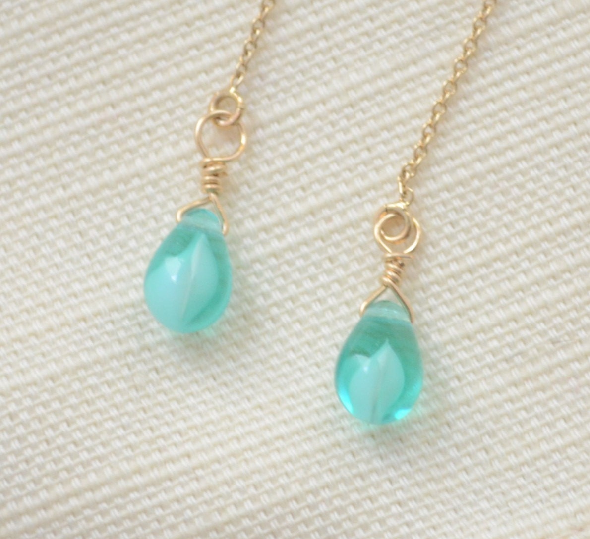 Milky Aqua Glass Drops on 14kt Gold Filled Thread Earrings