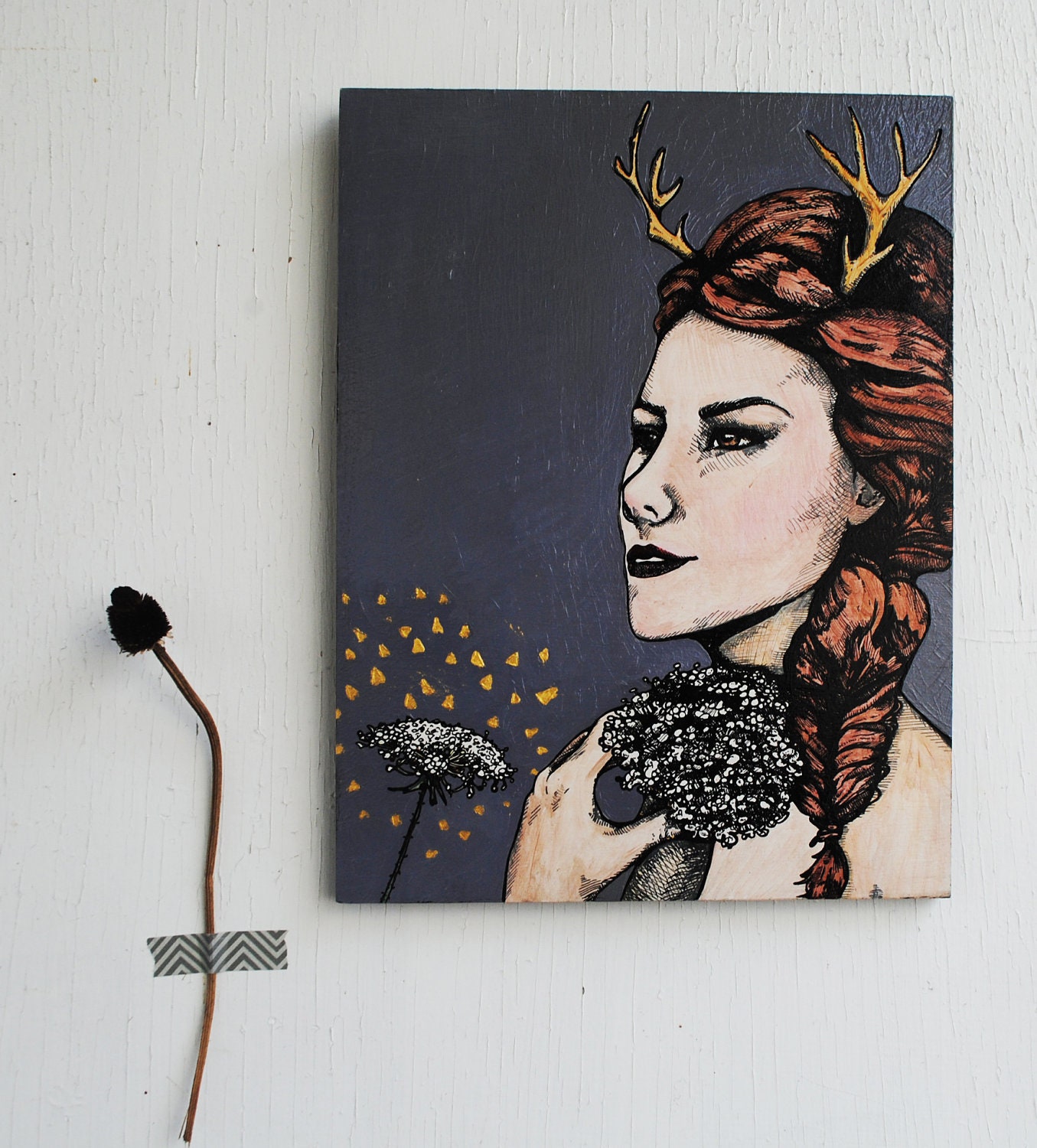 Queen Anne's Lace - Wildflower Study -  Original Painting with 23k Gold Leaf . Antlers. Faun.