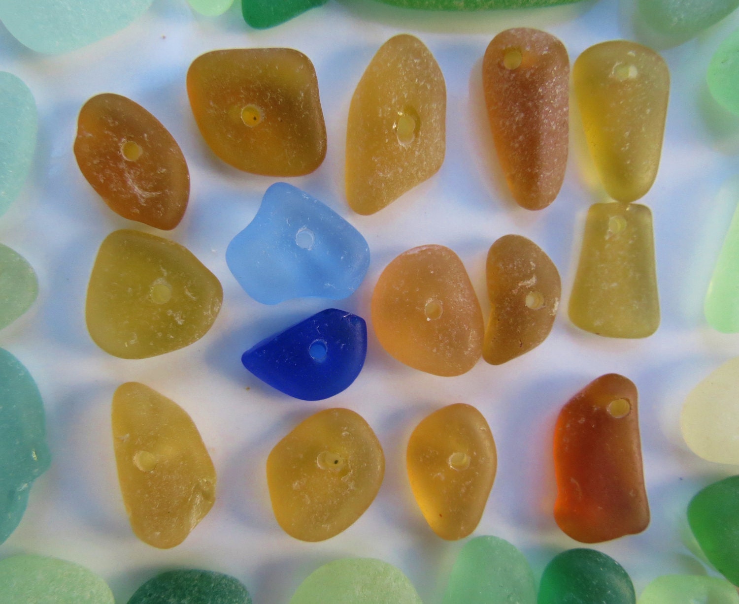 Gold Amber Sea Glass Beads Surf Tumbled Beach Glass Drilled for Jewelry Or Art 15 Piece Set