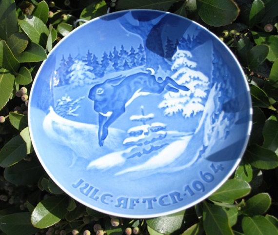 Vintage Royal Blue Winter Rabbit Plate Jule After 1964 Plate Made in Denmark